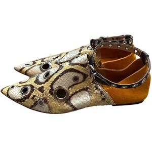 MSGM Milano Pointed Toe Flats Snakeskin Eyelet Ankle Strap Yellow Size 39 Italy